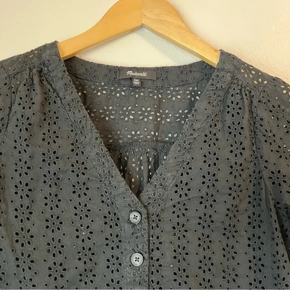 Madewell Eyelet Village Ruffle Sleeve Shirt Top Blouse Black - Picture 4 of 6